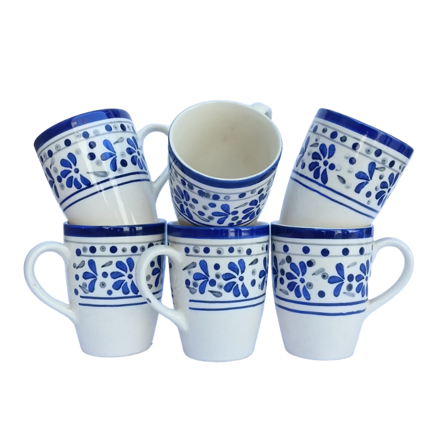 Blue & White Floral Ceramic Milk Mug Set of 6 Pcs - ECC1038