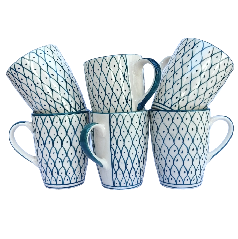 Green Thin Zigzag Ceramic Milk Mug Set of 6 Pcs - ECC1041
