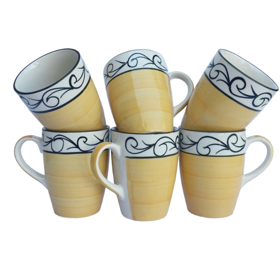 Yellow Floral Strip Ceramic Milk Mug Set of 6 Pcs - ECC1043