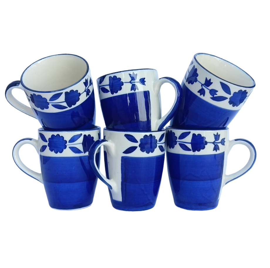 Blue Floral Strip Ceramic Milk Mug Set of 6 Pcs - ECC1039 
